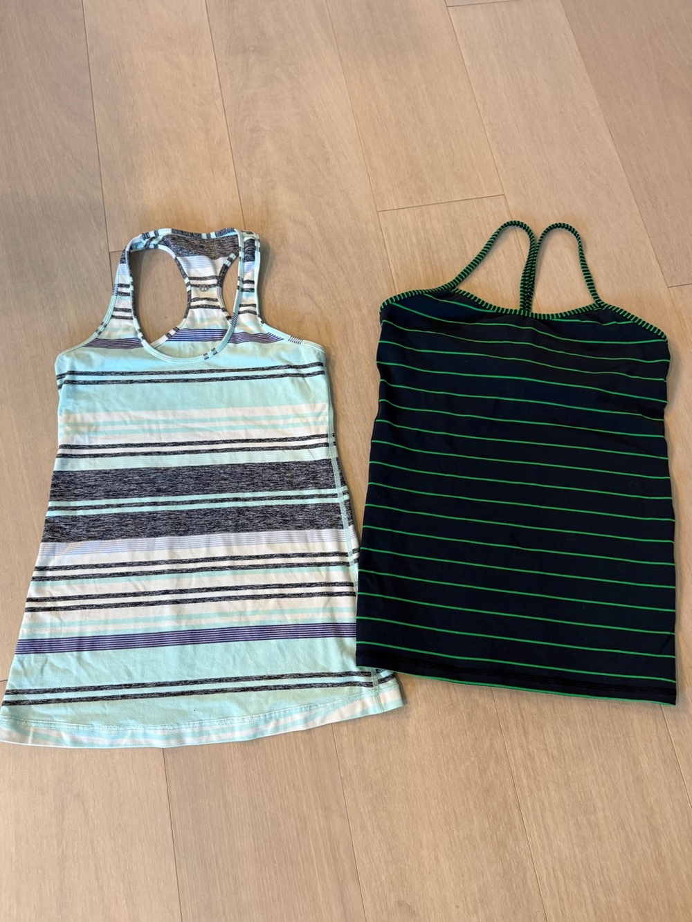 2 Lululemon Athletica Striped Racerback Tank - Light Blue & navy with green